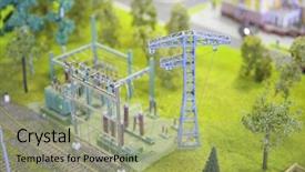  Presentation with electric engineering - Colorful presentation theme enhanced with high voltage engineering - model of electric substation backdrop and a mint green colored foreground