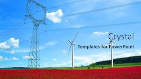  Presentation with power lines - PPT theme having high voltage power lines with wind turbines in crimson clovers field renewable electric energy production background and a light blue colored foreground