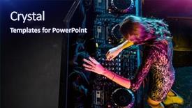  Presentation with electronic music - Presentation theme with high volume - disc jockey brunette girl mixing background and a navy blue colored foreground