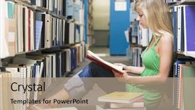  Presentation with worried female college student for health check up - Slides consisting of higher learning - female student sitting on library background and a  colored foreground