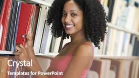  Presentation with university library - PPT theme featuring higher learning - female university student selecting book background and a coral colored foreground