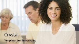  Presentation with adult teaching - Beautiful slides featuring higher learning - mid adult woman studying backdrop and a  colored foreground