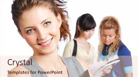  Presentation with classmates - Beautiful presentation design featuring higher learning - portrait of smart student girl backdrop and a  colored foreground