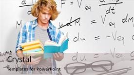  Presentation with student evaluation - Audience pleasing presentation design consisting of higher mathematics - student reading against desk backdrop and a light gray colored foreground