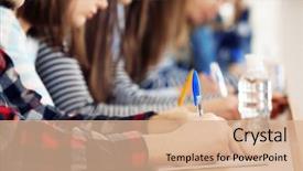  Presentation with students - Presentation theme having highschool - group of students sitting background and a coral colored foreground