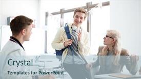  Presentation with college - Presentation theme having highschool - happy guy with backpack talking background and a light blue colored foreground