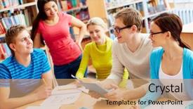  Presentation with college students - PPT layouts with highschool - portrait of friendly students sitting background and a coral colored foreground