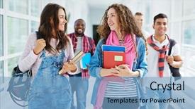  Presentation with college students - Presentation design having highschool - two cute students walking along background and a light blue colored foreground