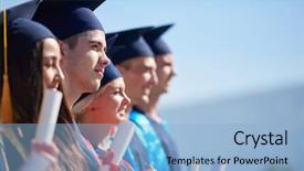  Presentation with university building - PPT theme featuring highschool - young graduates students group standing background and a light blue colored foreground