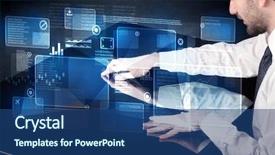  Presentation with interface - Presentation theme featuring hightech - man pressing technology smart table background and a ocean colored foreground