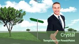  Presentation with horizon - Presentation design consisting of highway planing - businessman smiling and offering his background and a tawny brown colored foreground