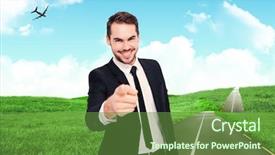  Presentation with camera - Presentation theme with highway planing - happy businessman pointing at camera background and a tawny brown colored foreground