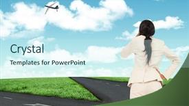  Presentation with road to excellenace - Cool new PPT theme with highway planing - thinking businesswoman against road leading backdrop and a cool aqua colored foreground