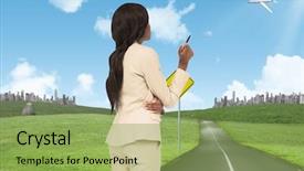  Presentation with thinking - Audience pleasing presentation design consisting of highway planing - thinking businesswoman against road leading backdrop and a yellow colored foreground