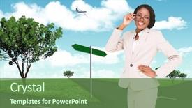  Presentation with thinking minds - Beautiful presentation design featuring highway planing - thinking businesswoman against road leading backdrop and a tawny brown colored foreground