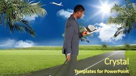  Presentation with road safety young drivers - Slide set with highway planing - young businessman pulling his suitcase background and a  colored foreground