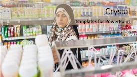  Presentation with hijab modern - Presentation theme featuring hijab arab muslim lady doing shopping in big modern city mall background and a coral colored foreground