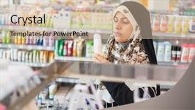  Presentation with hijab modern - PPT theme consisting of hijab arab muslim lady doing shopping in big modern city mall background and a soft green colored foreground