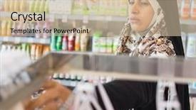  Presentation with hijab modern - Presentation design featuring hijab arab muslim lady doing shopping in big modern city mall background and a soft green colored foreground