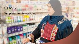  Presentation with hijab modern - PPT theme having hijab arab muslim lady doing shopping in big modern city mall background and a lemonade colored foreground