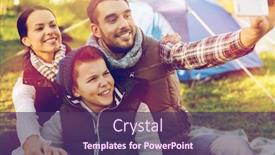  Presentation with campsite - Slide deck with hike travel and technology concept - happy family with smartphone taking selfie at campsite background and a violet colored foreground