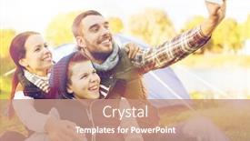  Presentation with campsite - Colorful PPT theme enhanced with hike travel and technology people concept - happy family with smartphone taking selfie at campsite backdrop and a coral colored foreground