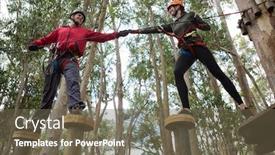  Presentation with obstacles - Amazing PPT theme having hiker-couple-helping-each backdrop and a tawny brown colored foreground