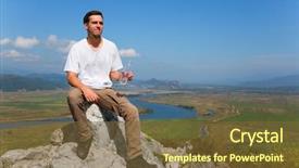  Presentation with mountain water - PPT layouts having hiker drinks water from a bottle on top of the mountain background and a tawny brown colored foreground