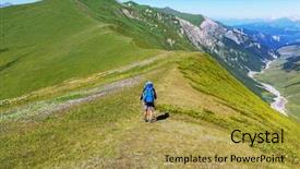  Presentation with going green - PPT theme enhanced with hiker going along green hills in caucasus mountains svaneti georgia summer season background and a gold colored foreground