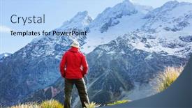  Presentation with new zealand - Beautiful PPT layouts featuring hiker-in-beautiful-mountains-near backdrop and a light blue colored foreground