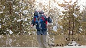  Presentation with trekking - Beautiful slide deck featuring hiker in winter mountains young man with backpack trekking in forest winter hiking backdrop and a coral colored foreground