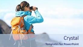  Presentation with spectacular - Beautiful PPT layouts featuring hiker looking in binoculars enjoying backdrop and a sky blue colored foreground
