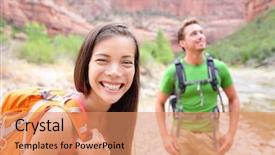  Presentation with outdoor clothes for hiking - PPT layouts enhanced with hiker portrait walking zion nation background and a coral colored foreground