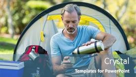  Presentation with pouring water - PPT theme having hiker pouring water from thermos bottle in forest background and a teal colored foreground
