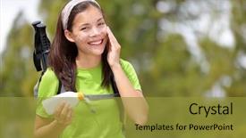  Presentation with sunscreen - PPT theme featuring hiker sunscreen woman hiking putting background and a gold colored foreground