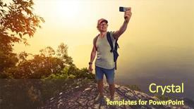  Presentation with mountain top - Colorful presentation enhanced with hiker taking selfie on top backdrop and a tawny brown colored foreground