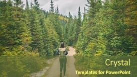  Presentation with hike forest - Presentation design featuring hiker travel woman walking on trail hike path in forest of pine trees canada travel adventure girl tourist trekking in outdoors nature background and a tawny brown colored foreground