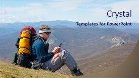  Presentation with sms - Presentation theme with hiker using mobile device background and a sky blue colored foreground