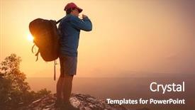  Presentation with mountain water - Slide set with hiker with backpack drinking water on top of the mountain background and a tawny brown colored foreground