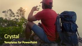  Presentation with mountain water - Beautiful PPT theme featuring hiker with backpack relaxing on top of the mountain drinking water and enjoying sunrise backdrop and a tawny brown colored foreground