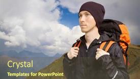  Presentation with backpack - PPT theme featuring hiker with backpack walking along a mountain terrain background and a tawny brown colored foreground