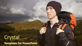  Presentation with backpack - PPT layouts enhanced with hiker with backpack walking along a mountain terrain background and a tawny brown colored foreground