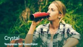  Presentation with drinking water - PPT theme having hiker woman resting drinking water background and a ocean colored foreground