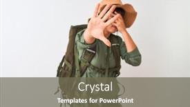  Presentation with canteen - Beautiful slide deck featuring hiker woman wearing backpack hat and water canteen over isolated white background covering eyes with hands and doing stop gesture with sad and fear expression embarrassed and negative concept backdrop and a tawny brown colored foreground