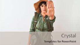  Presentation with canteen - Beautiful slide set featuring hiker woman wearing backpack hat and water canteen over isolated white background doing stop sing with palm of the hand warning expression with negative and serious gesture on the face backdrop and a light gray colored foreground