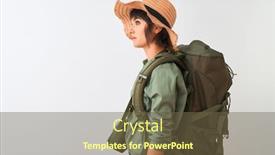  Presentation with canteen - Colorful presentation theme enhanced with hiker-woman-wearing-backpack-hat backdrop and a tawny brown colored foreground