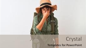  Presentation with canteen - PPT theme having hiker-woman-wearing-backpack-hat background and a mint green colored foreground