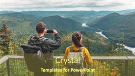  Presentation with backpacks - Beautiful PPT layouts featuring hikers-couple-camping-walking backdrop and a tawny brown colored foreground