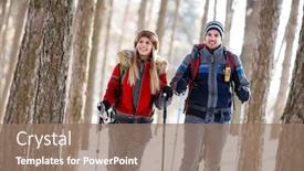  Presentation with winter forest - Cool new PPT layouts with hikers couple in winter with walking sticks hiking in forest backdrop and a coral colored foreground