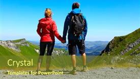  Presentation with mountain top - Amazing presentation theme having hikers-couple-with-backpack-standing backdrop and a tawny brown colored foreground